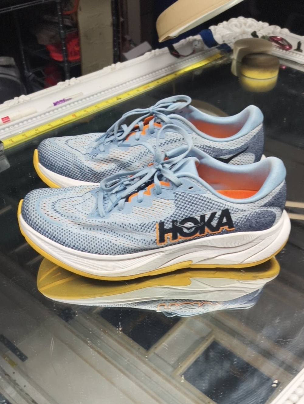 Mens 11 light blue and white HOKA Rincon 4 Shoes orange logos Excellent